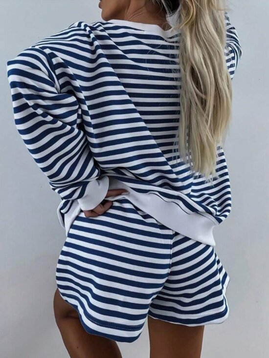 Other - Women's Navy White Striped 2 Piece Set V-Neck Long Sleeve Top Shorts Lounge
